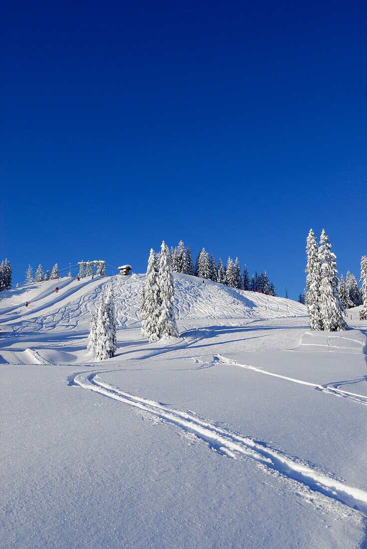 snow-covered mountain scenery with ski-region (skiing region), Riedberger Horn, Grasgehrenlifte, Allgaeu range, Allgaeu, Swabia, Bavaria, Germany