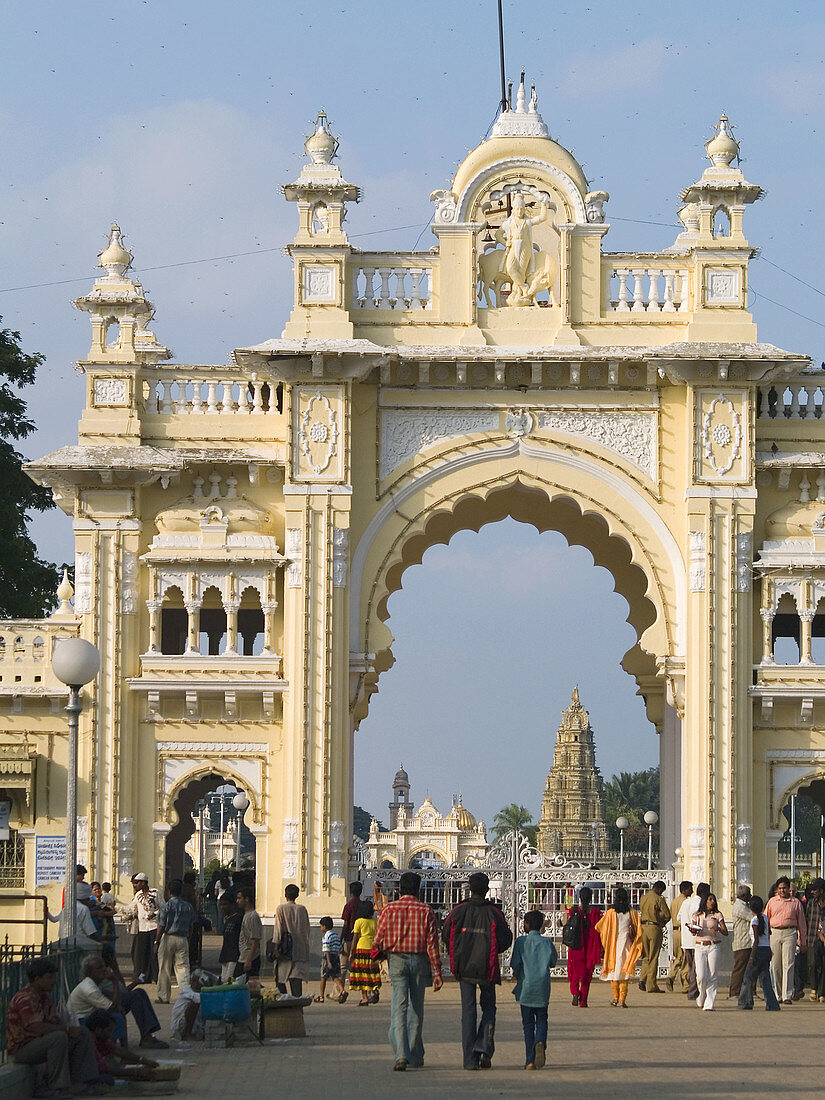 Entrance archway to Mysore Palace in Mysore, Karnataka, India