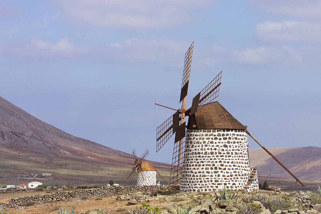 Old windmill and volcanoes in background, La Olivia. Fuerteventura. Canary Islands. Spain