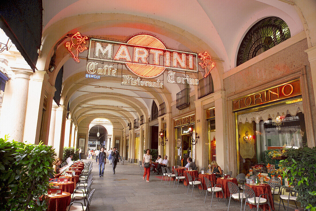 Italy. Piedmont. Turin (Torino). Via Roma. Piazza San Carlo. Martini sign outside Caffe Torino
