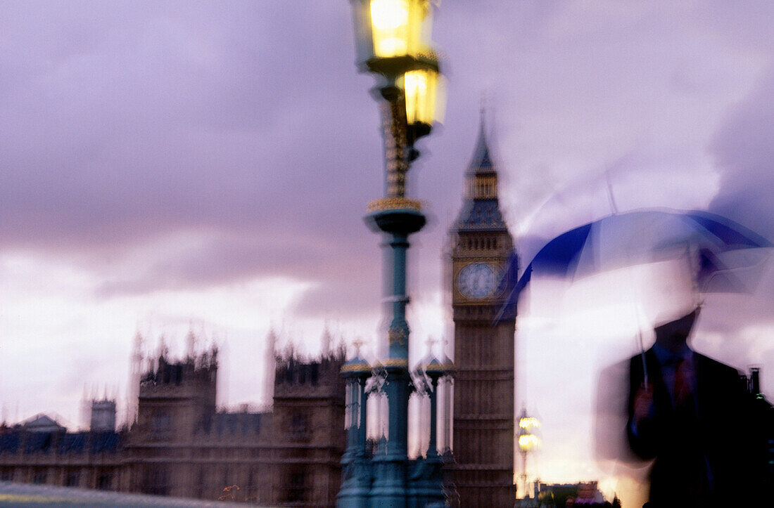 Big Ben and Westminster Bridge in rain. London. England