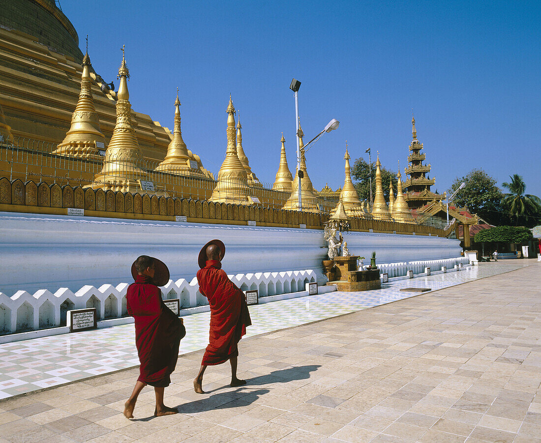 Monks in Shwemawdaw Pagoda. Bago. Myanmar (Burma)
