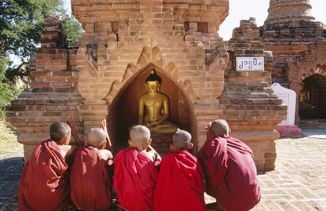 Novice monks praying buddha. Bagan. Myanmar (Burma)