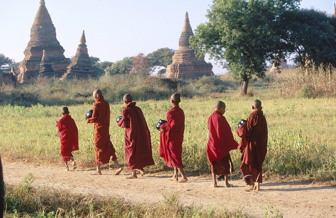 Young monks in morning alms. Bagan. Myanmar (Burma)