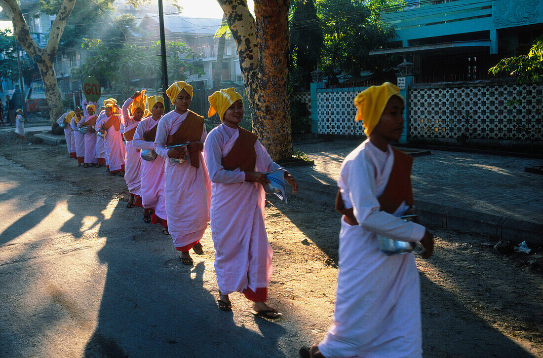 Buddhist nuns (Bhikkuni) going for morning alms. Mandalay. Myanmar (Burma).