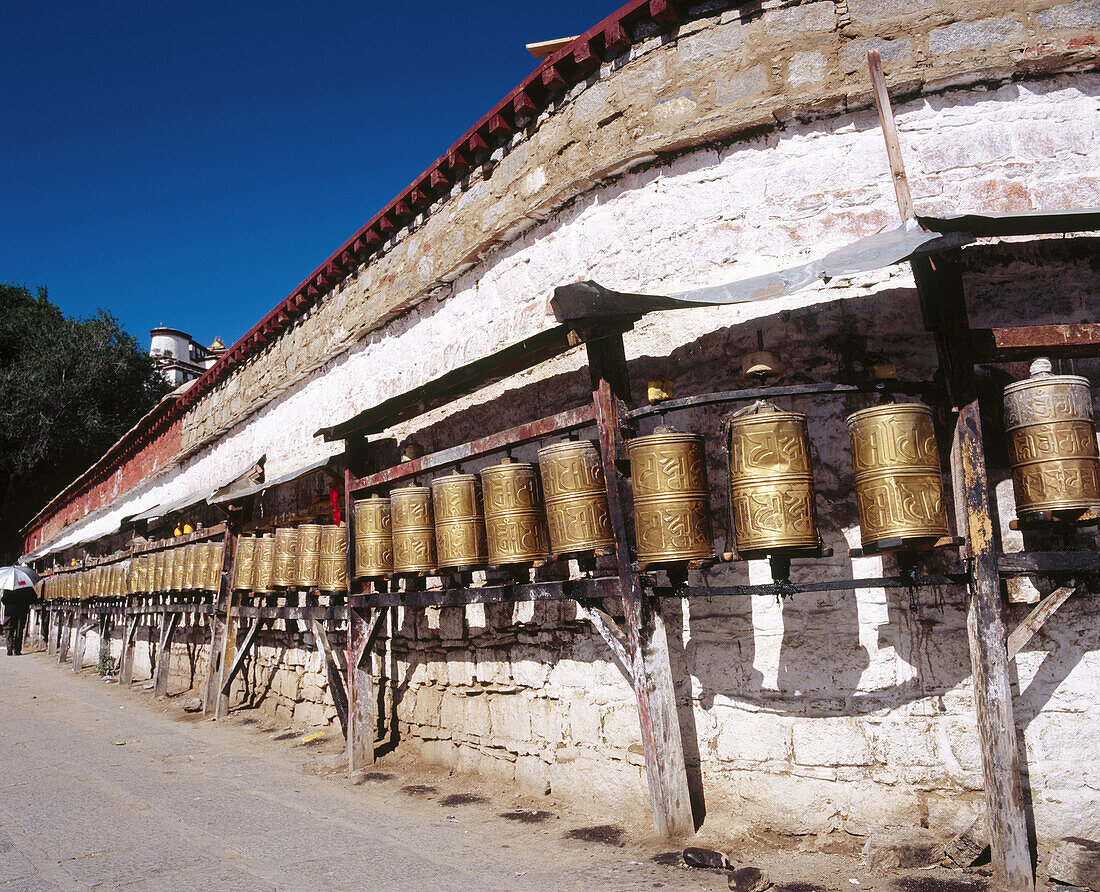 Prayer wheels in Buddhist monastery, Lhasa. Tibet