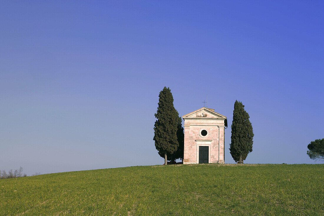 Little chapel called Cappella di Vitaleta , near Pienza. Orcia Valley (Val D orcia). Tuscany. Italy.