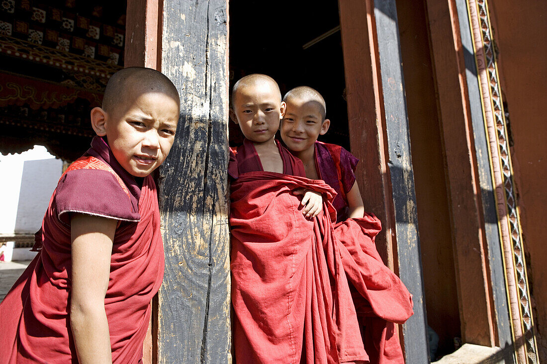 Bhutan. Paro. Paro Dzong Monastery. Little buddhist monks.