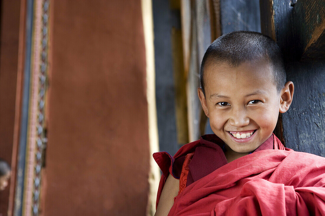 Bhutan. Paro. Paro Dzong Monastery. Little Buddhist monk.