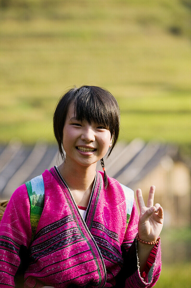 Yao minority girl. Longsheng terraced rice fields. Guilin. Guangxi Province. China.