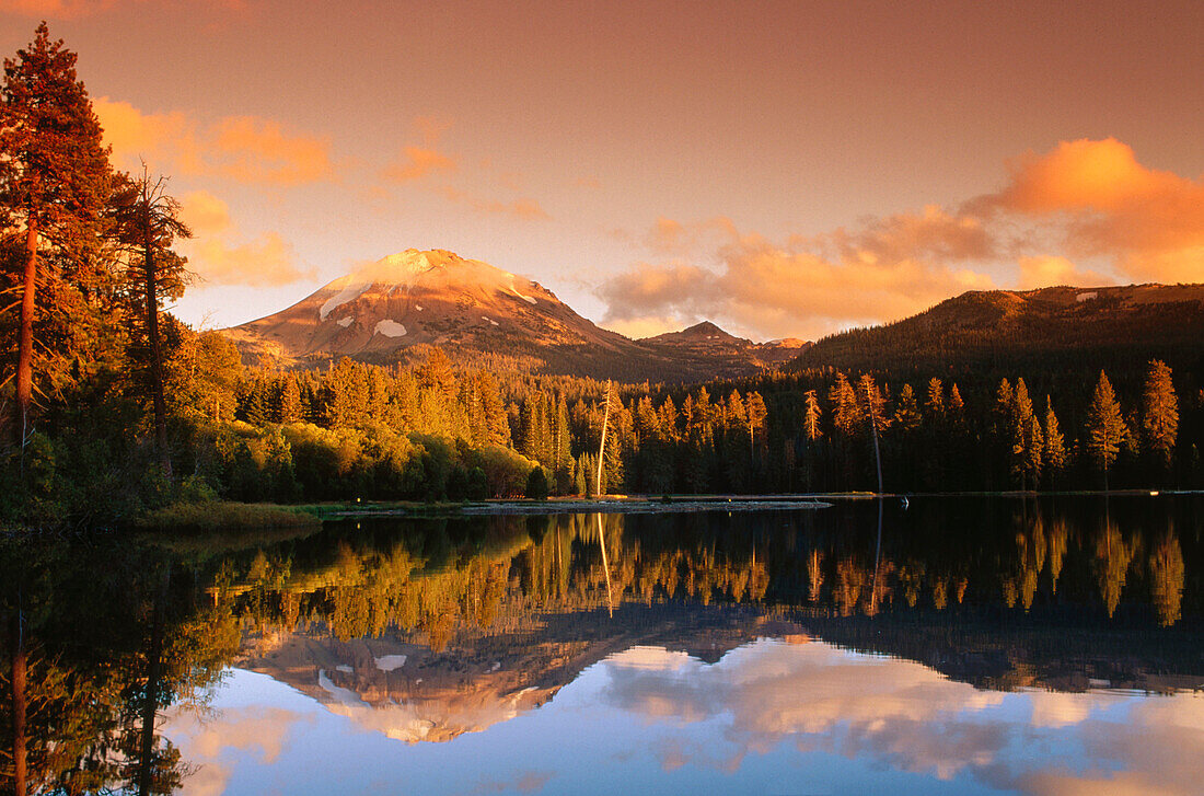 Evening light on Lassen Peak from Manzanita Lake, Lassen Volcanic NP. California. USA