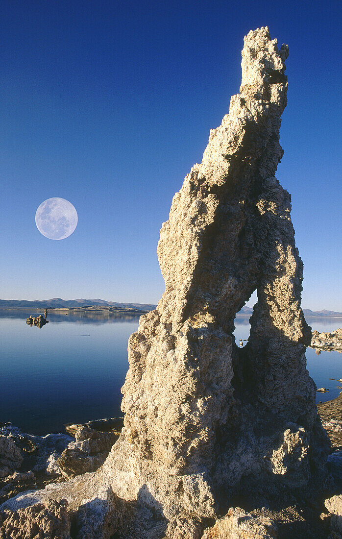 Full moon over tufa formations on the south shore of Mono Lake. Mono Basin National Forest Scenic Area. California. USA