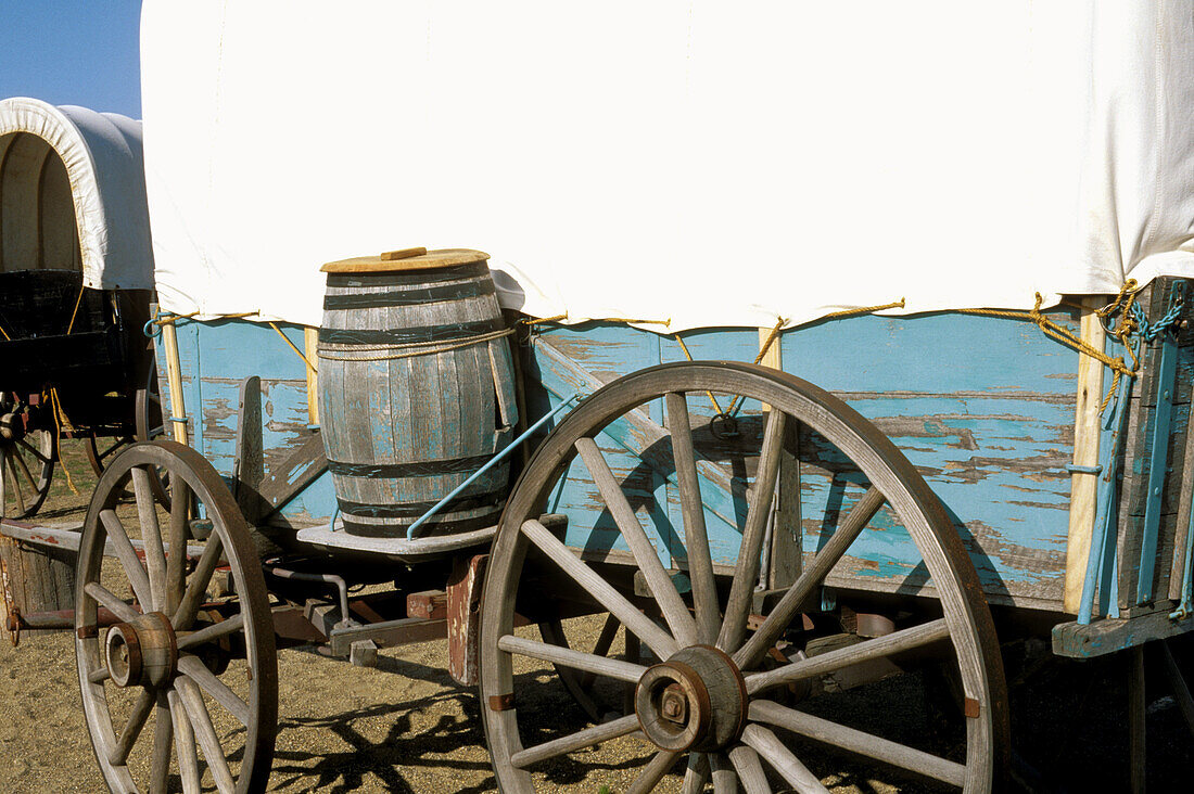 Conestoga wagon at the National Historic Oregon Trail Interpretive Center on Flagstaff Hill. Baker City. Oregon. USA