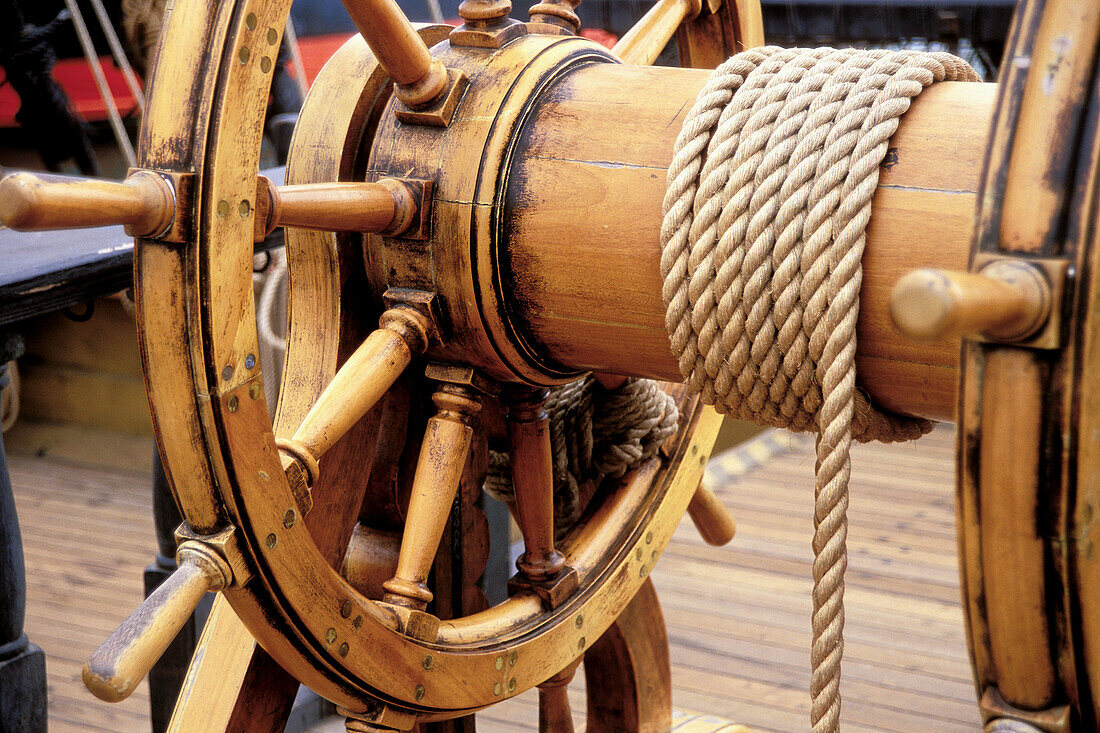 Detail of the ships wheel on the H.M.S. Surprise at the San Diego Maritime Museum (from the film Master and Commander ), San Diego, California