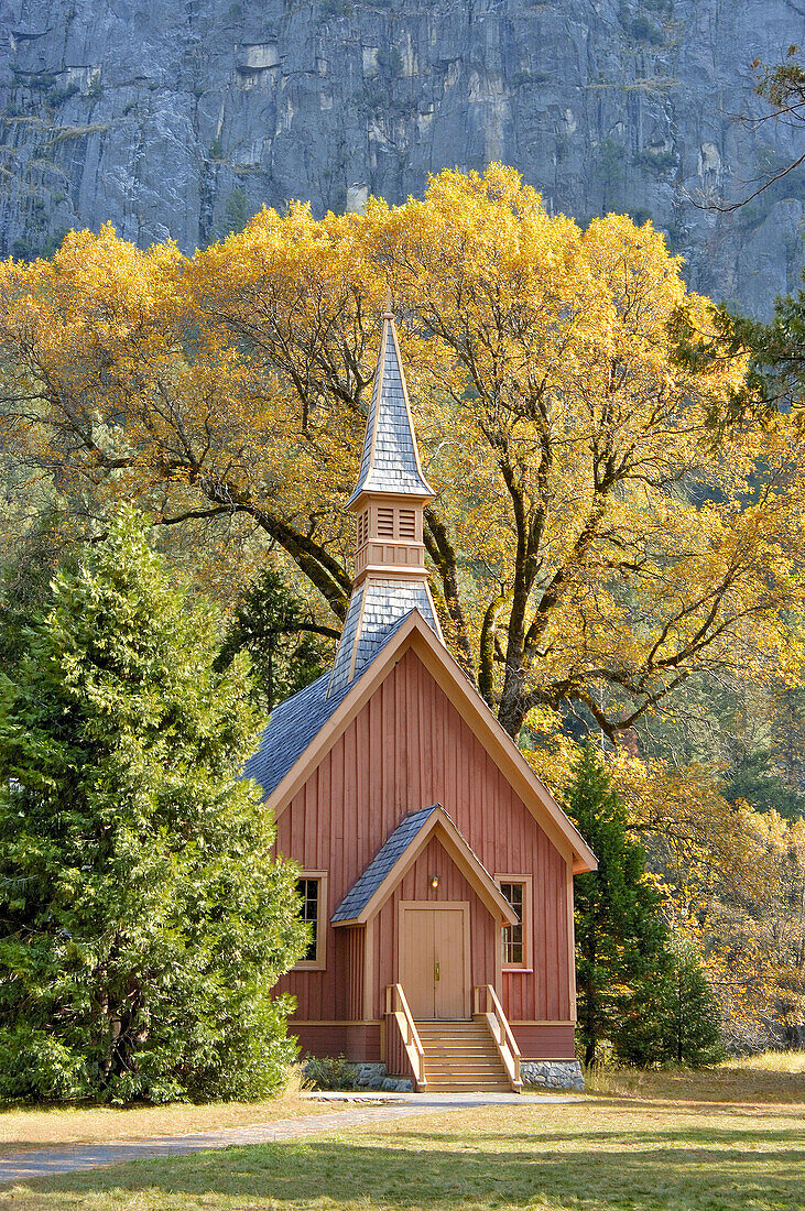 The Yosemite Chapel and fall color, Yosemite Valley, Yosemite National Park, California
