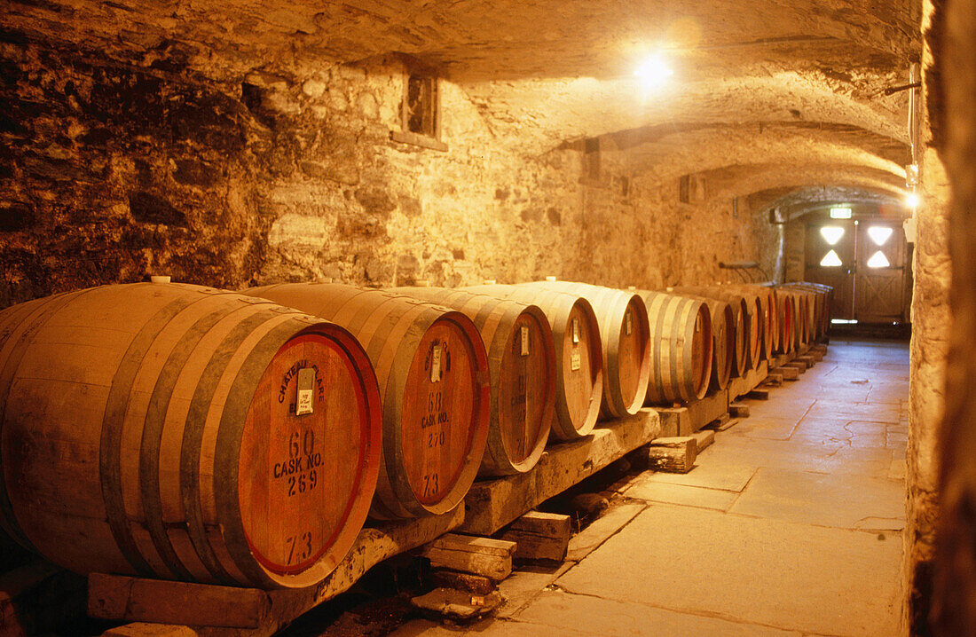 Oak barrells in cellar in winery in Clare Valley. South Australia