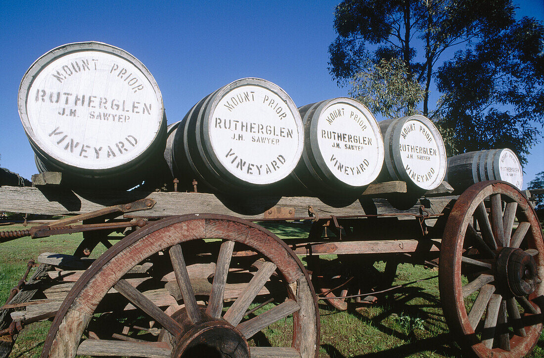 Wine barrels on wagon at Mt. Prior Vineyard. Victoria, Australia