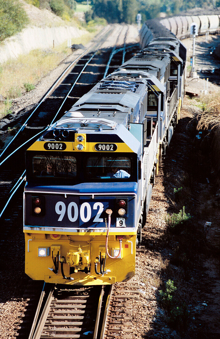 Transportation, loaded coal train. Energy, fossil fuel, greenhouse gases, global warming.