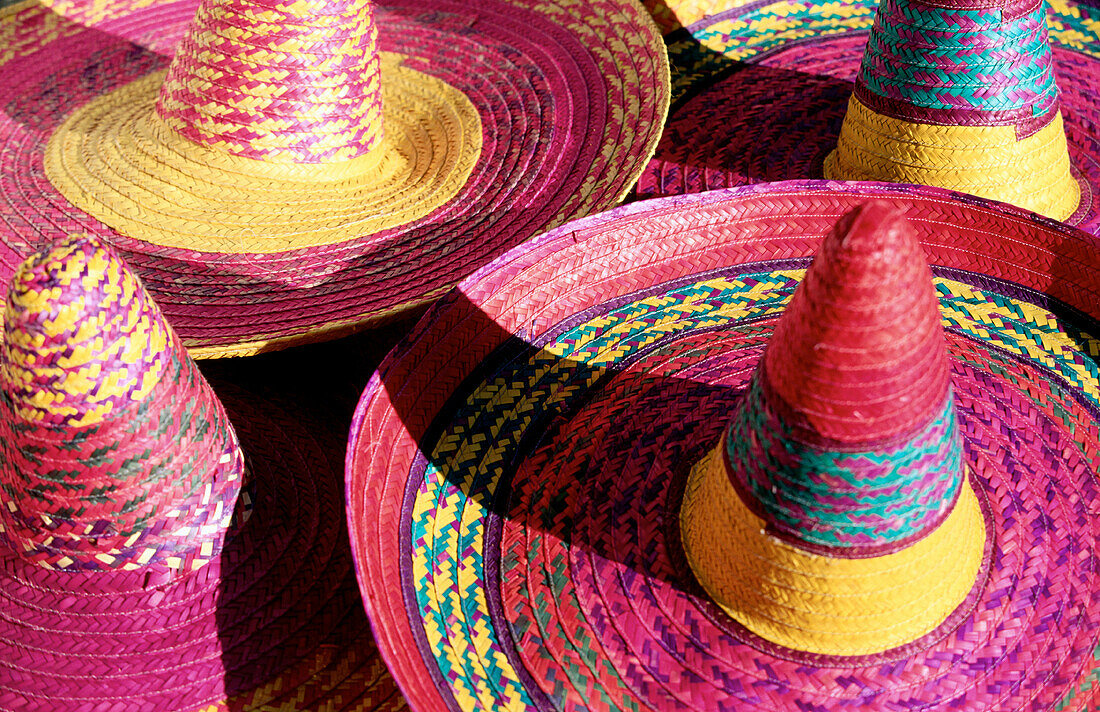 Colorful straw hats at market. Merida. Mexico