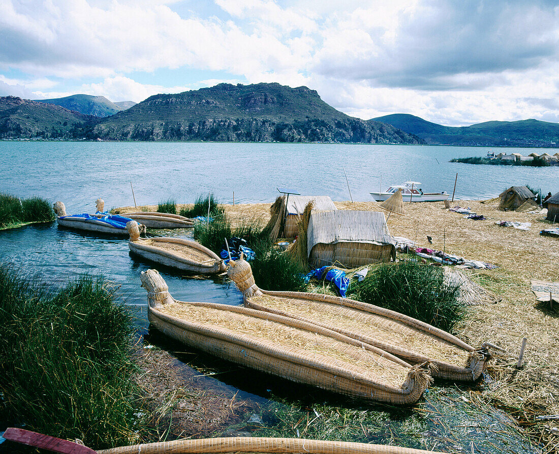 Uru indian totora reeds boats. Titicaca Lake. Peru