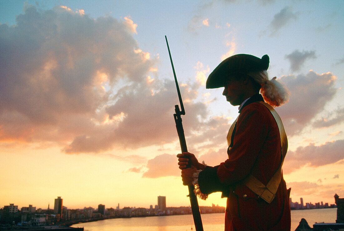 Guard with old costume at the fortress of El Morro, Havana, Cuba