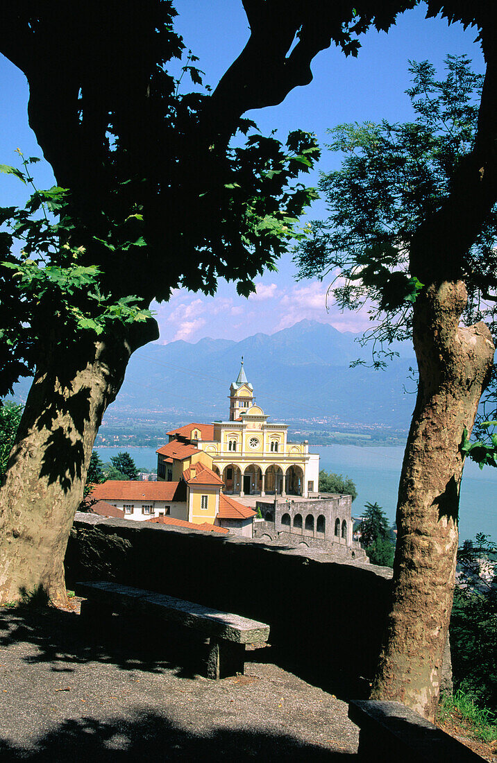 Madonna del Sasso church and Maggiore Lake in background. Locarno. Tessin. Switzerland