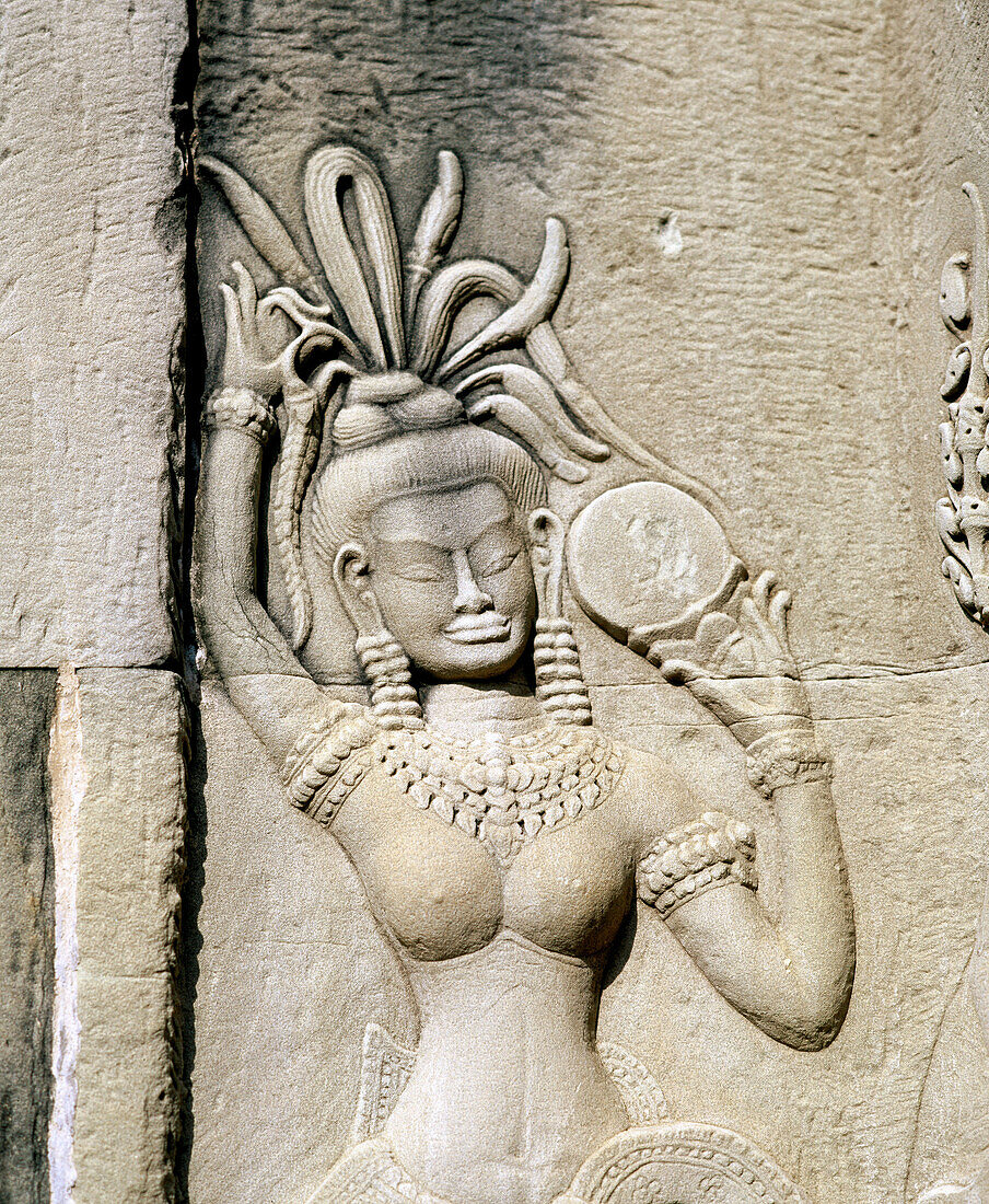 Detail of relief in the temple complex of Angkor Wat. Angkor. Cambodia