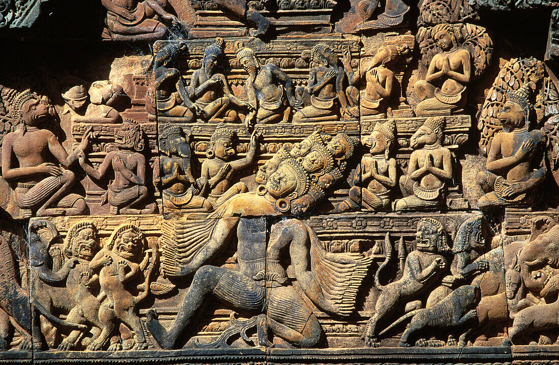Relief in the Banteay Srei Temple in Angkor. Cambodia