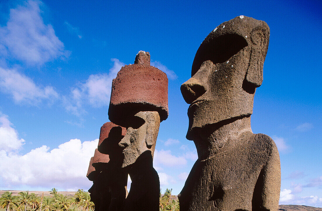 Moais in Ahu Nau Nau. Eastern Island. Anakena. Chile