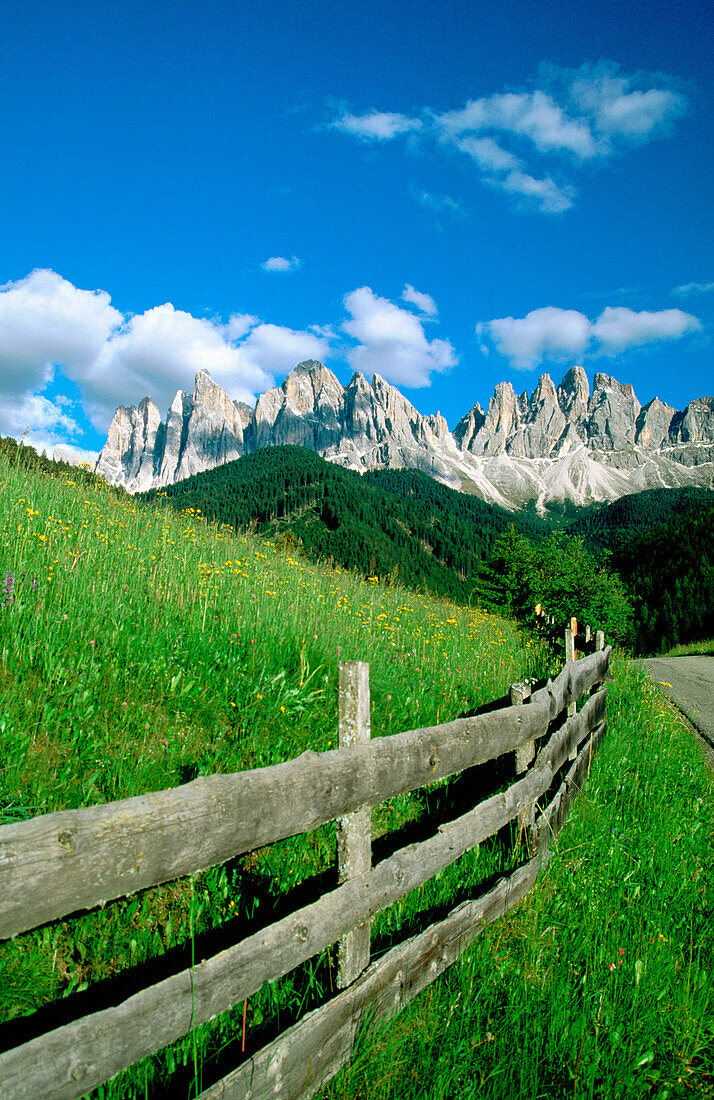 View of Dolomites from the Odles Mountains in the Val di Funes. The Alps. Italy