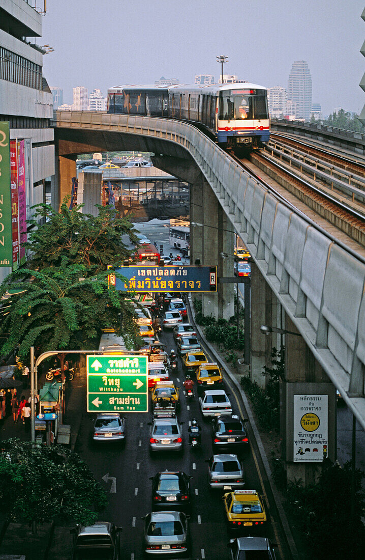 BTS Skytrain and road. Bangkok. Thailand.