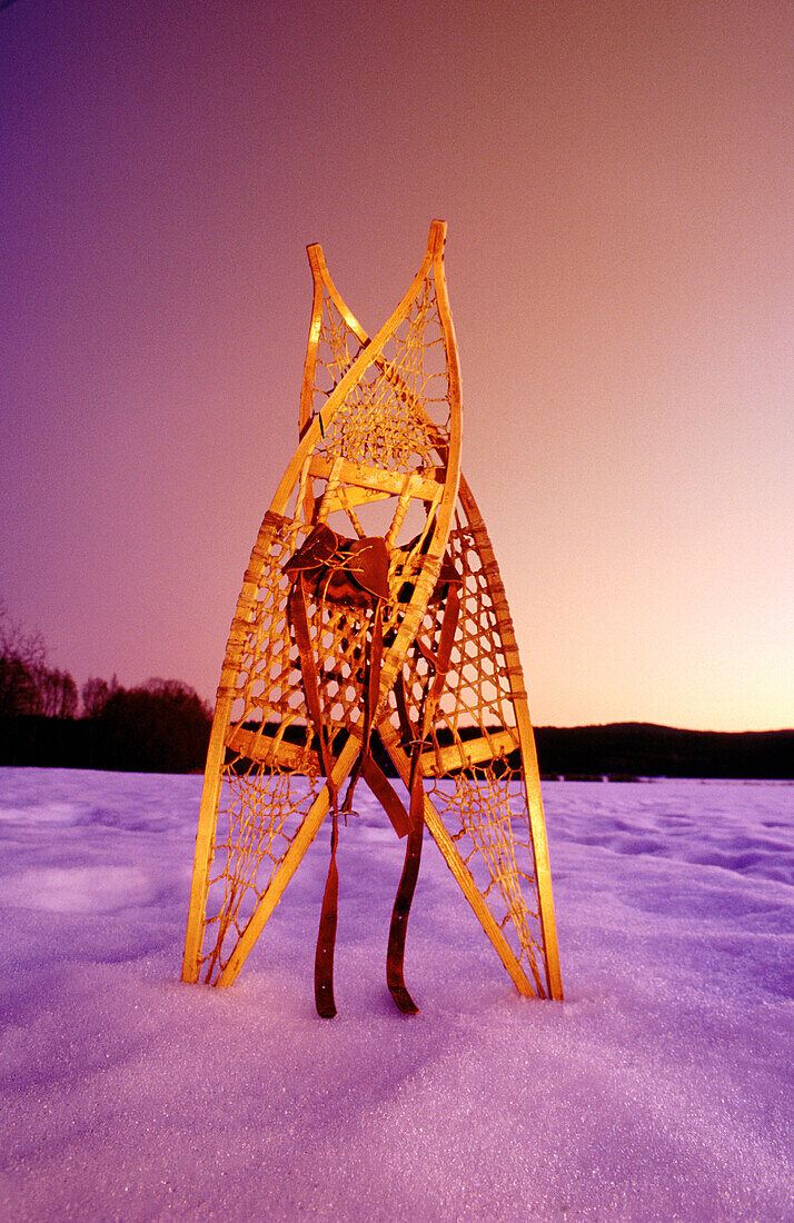  Abenddämmerung, Außen, Dämmerung, Detail, Details, Farbe, Gegenstand, Gegenstände, Gleichgewicht, Kalt, Kälte, Konzept, Konzepte, Niemand, Sachaufnahme, Schnee, Schneeschue, Schneeschuh, Sport, Stehen, Stehend, Stilleben, Verlassen, Vertikal, Winter, Win