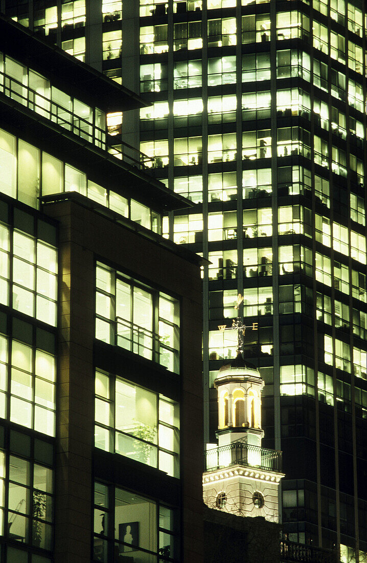 Office buildings at night, The City, London, England
