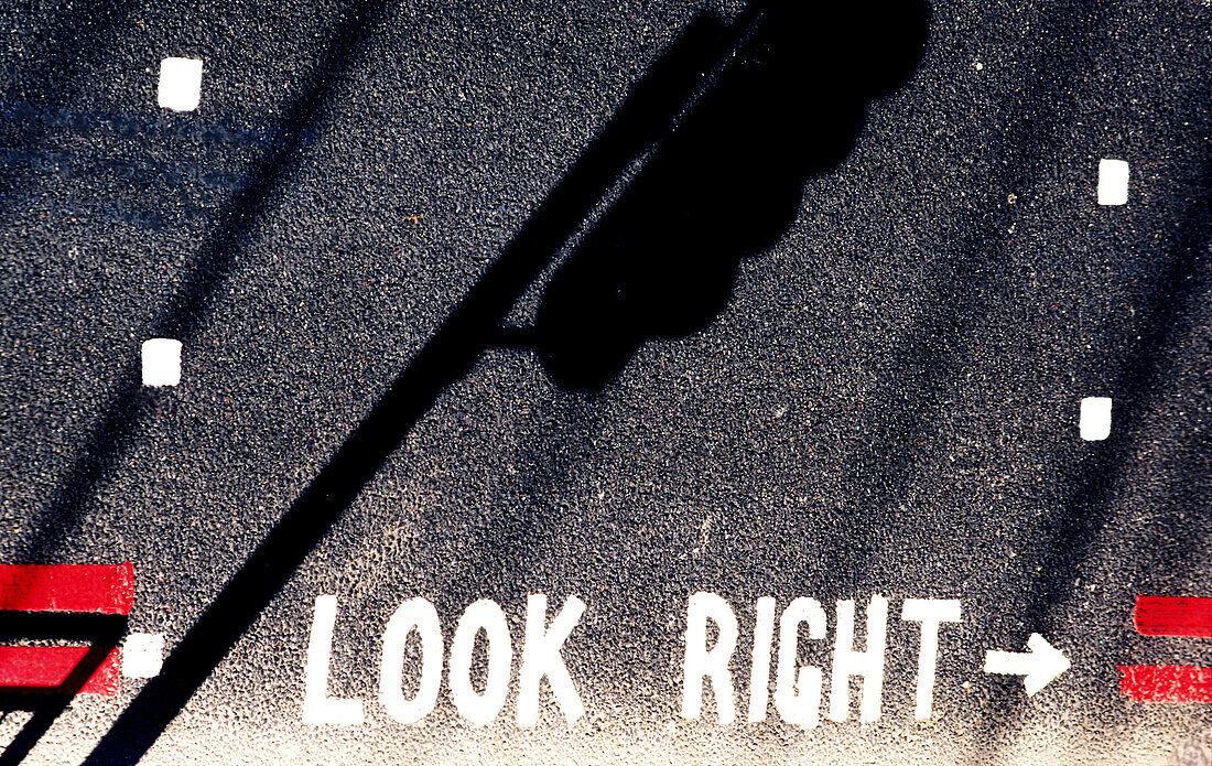 Look Right sign on pavement for foreigners. London. England