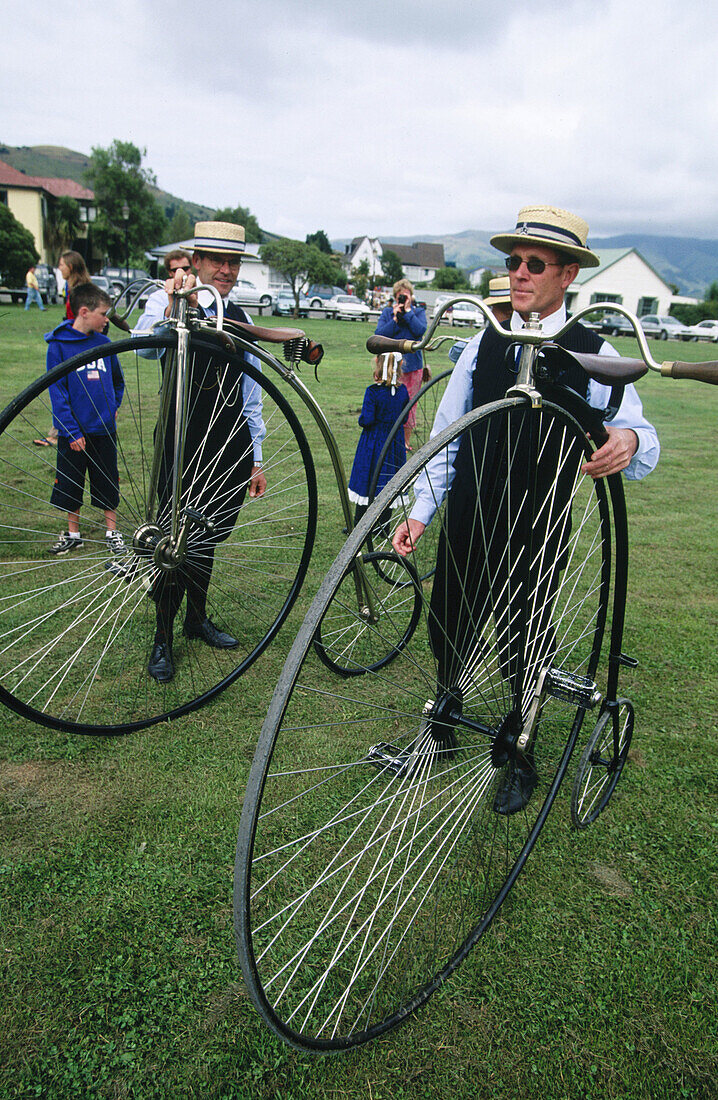 Penny farthing bikes at Akaroa French Fest. Banks Peninsula. New Zealand
