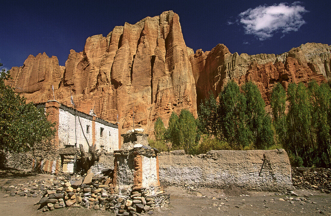 Dhakmar house below eroded red cliffs. Kingdom of Mustang. Nepal