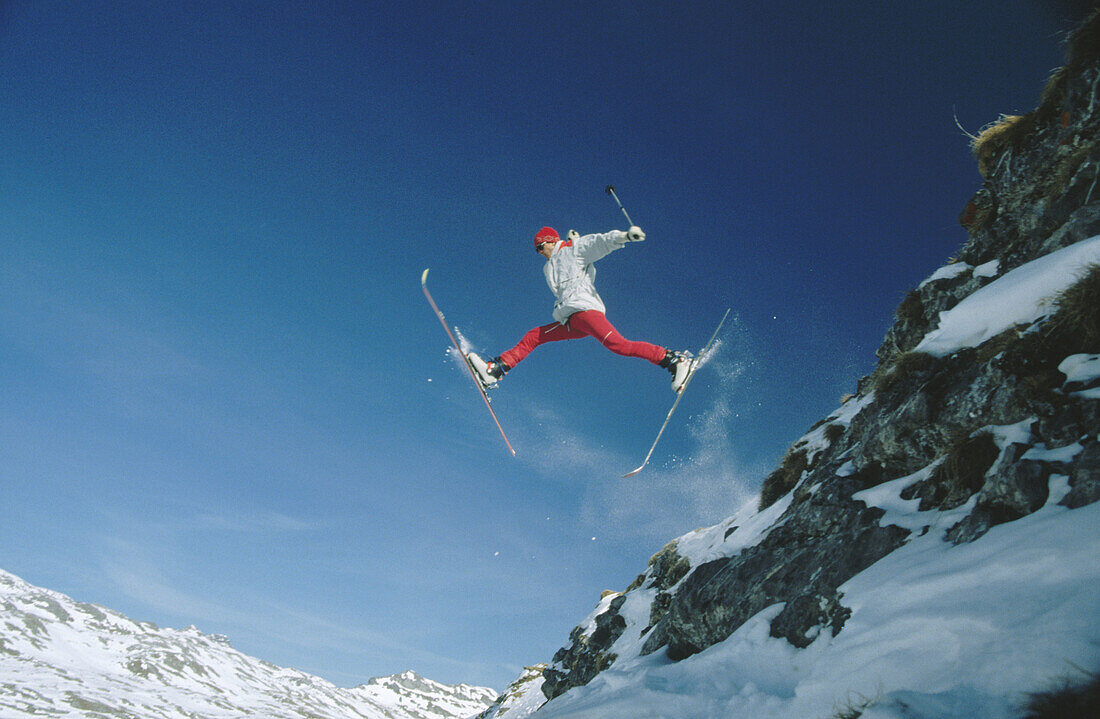 Skier jumping. European Alps
