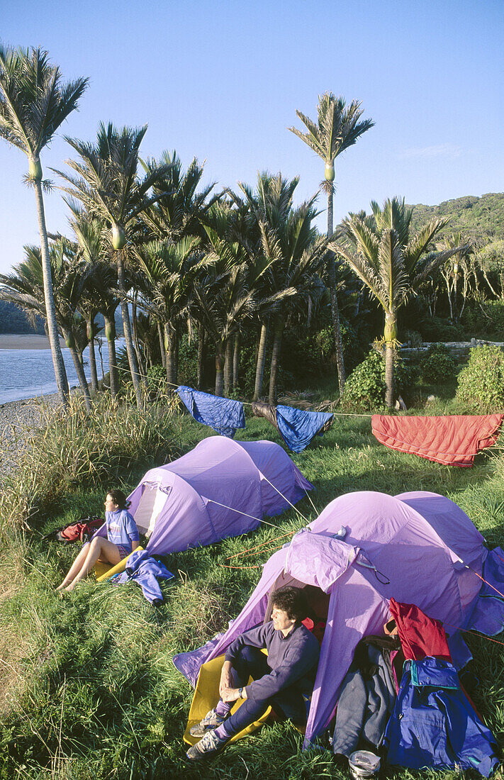 Family camp near Heaphy Hut. Heaphy track, South island. New Zealand.