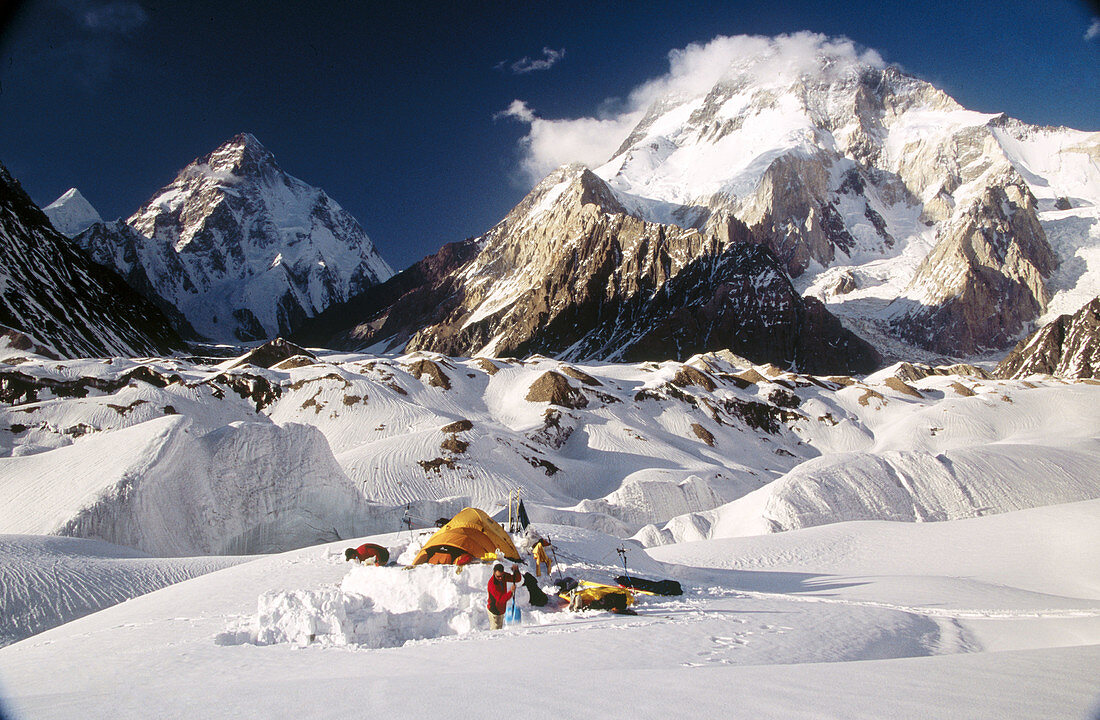 Concordia campsite, K2 on the left and Broad peak behind. Karakoram mountains, Pakistan