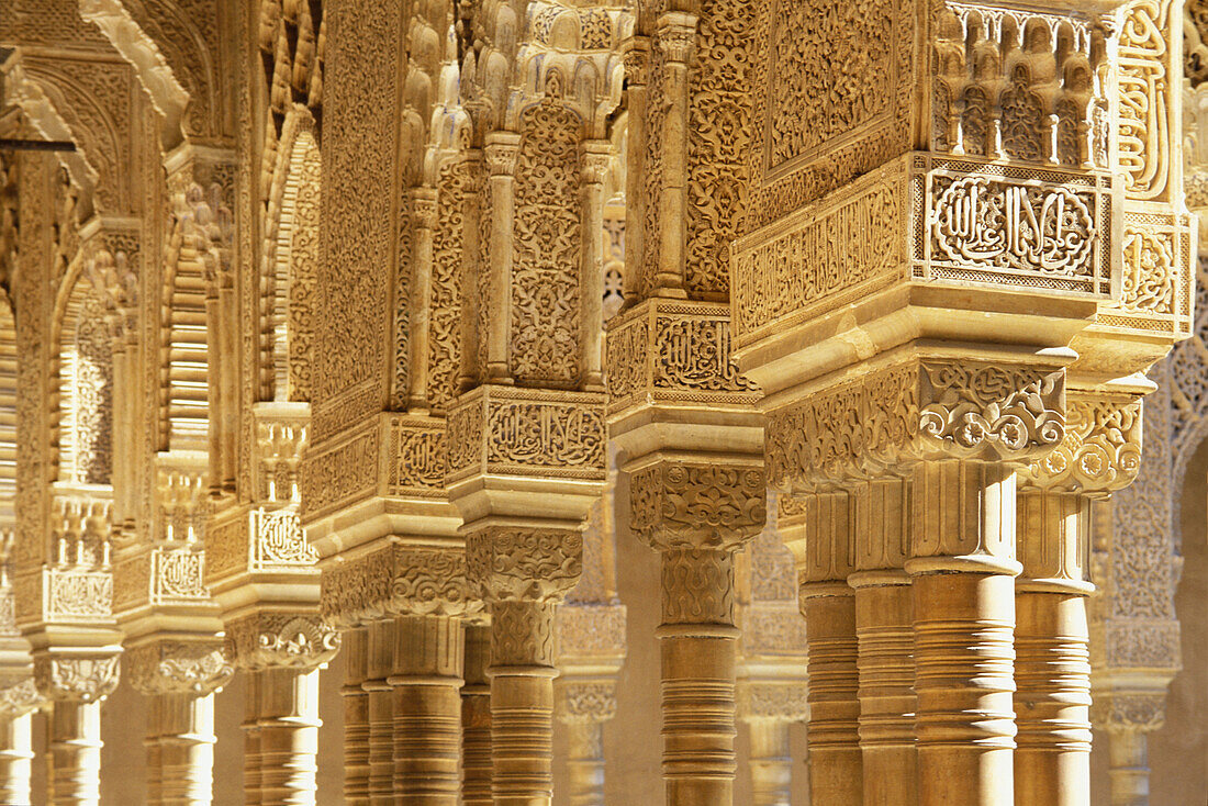 Detail of columns at the Courtyard of the Lions, Alhambra. Granada. Spain