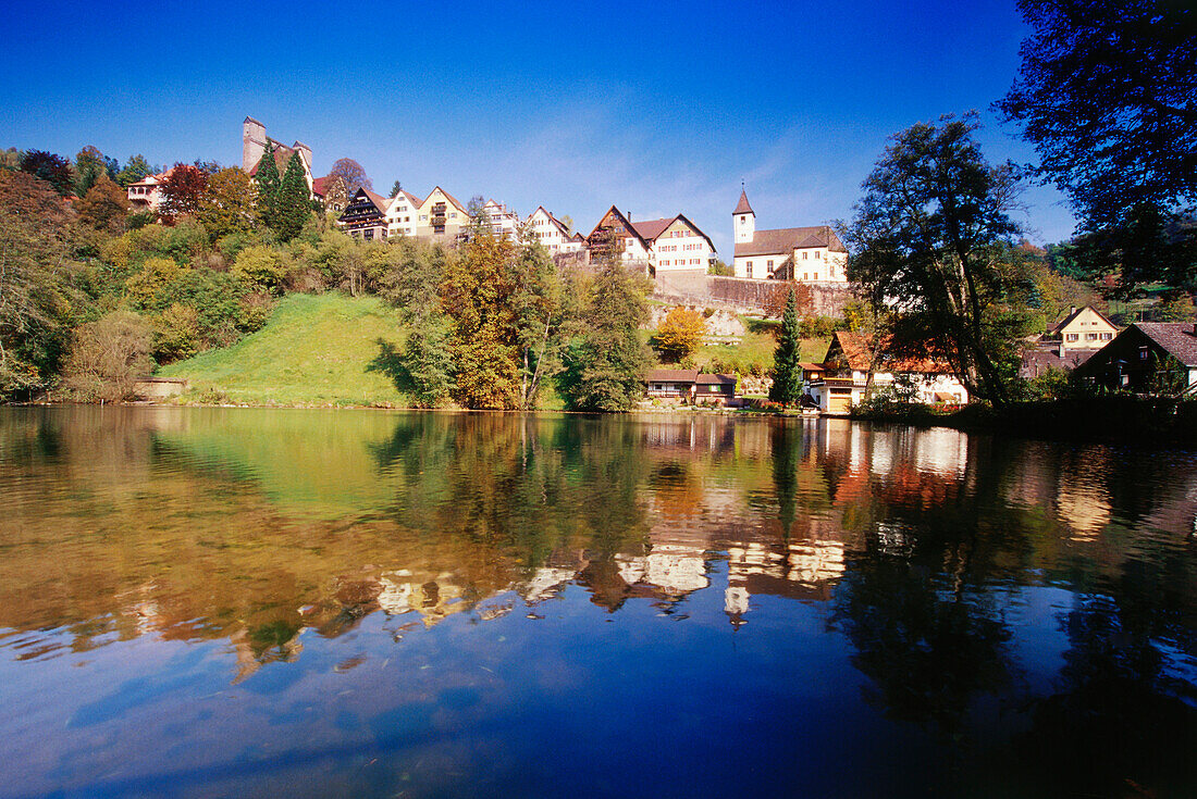 Blick über Nagold auf Berneck, Altensteig, Schwarzwald, Baden-Württemberg, Deutschland