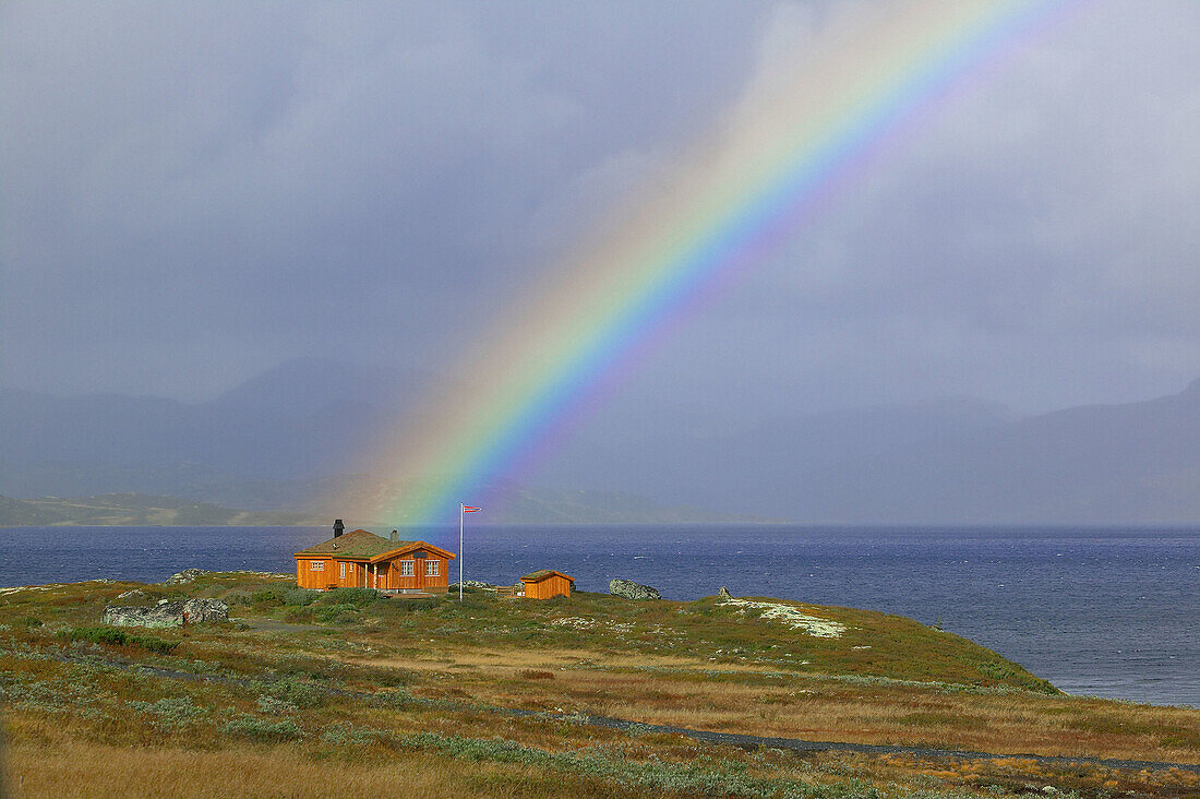 Rainbow over cabin, Lake Tyin, Oppland, Norway, Scandinavia, Europe.