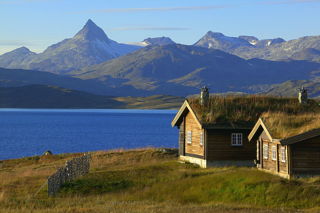 Cabin by the lake of Tyin. Jotunheimen NP. Norway, Scandinavia, Europe.
