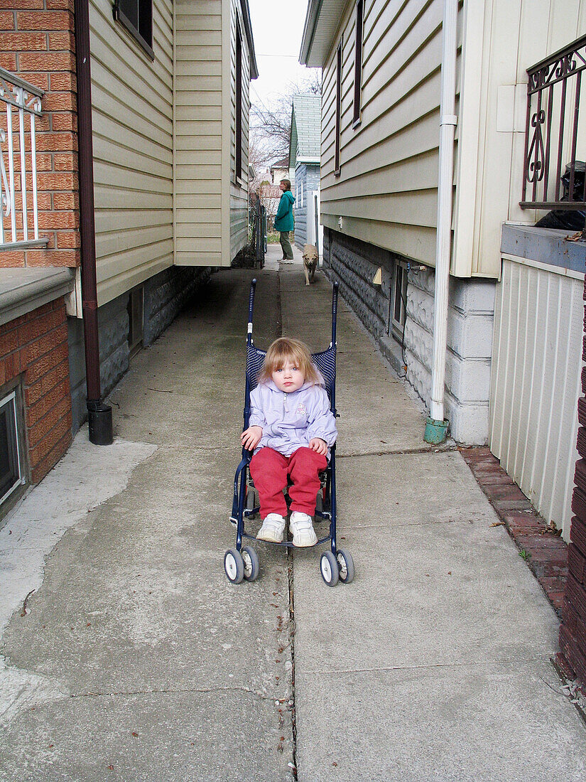 Toddler in a stroller in Windsor. Ontario, Canada