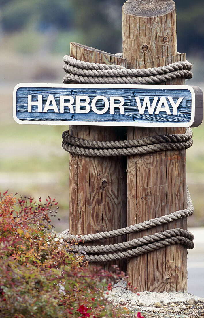Harbor Way sign with wooden posts and ropes.