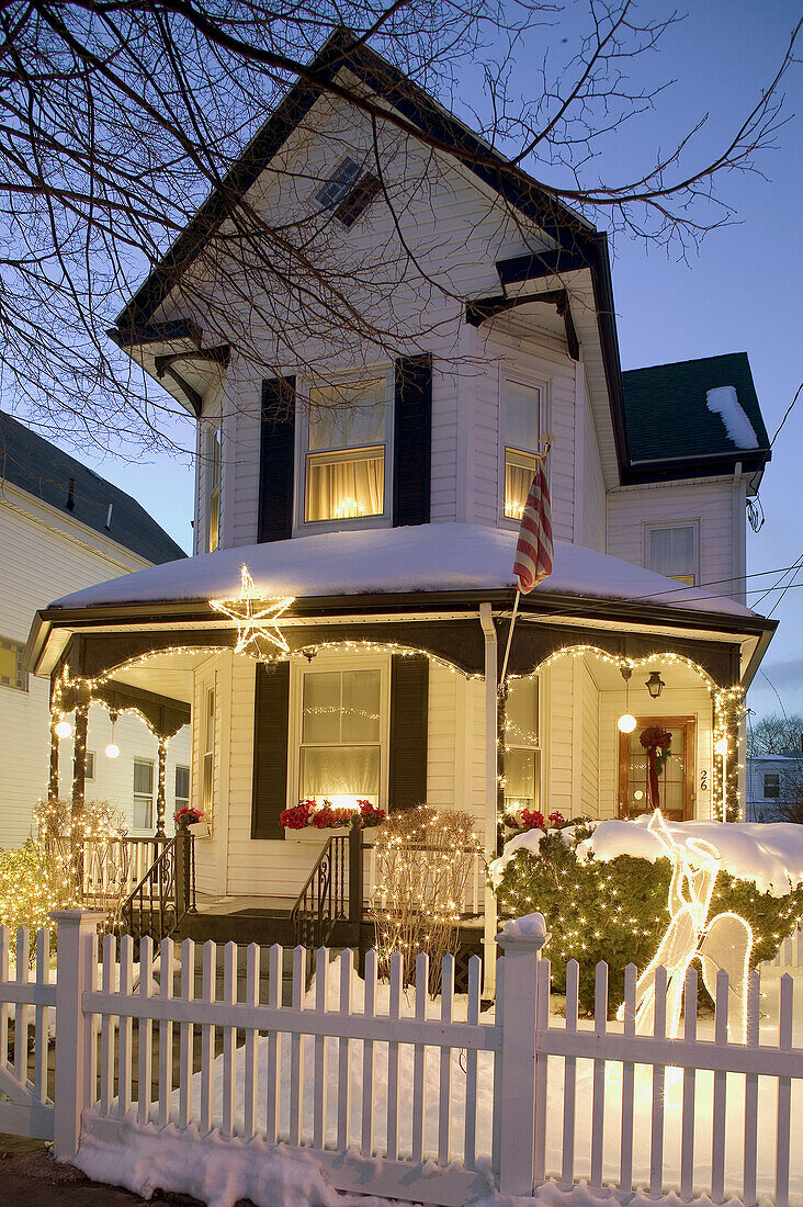 House with Christmas lights, Somerville, Massachusetts. USA.