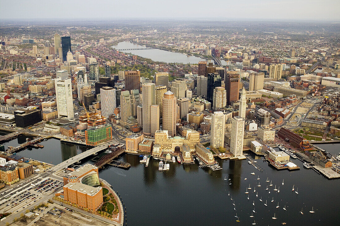 Harbor waterfront aerial view sunrise, (May 2005), Boston, Massachusetts. USA.