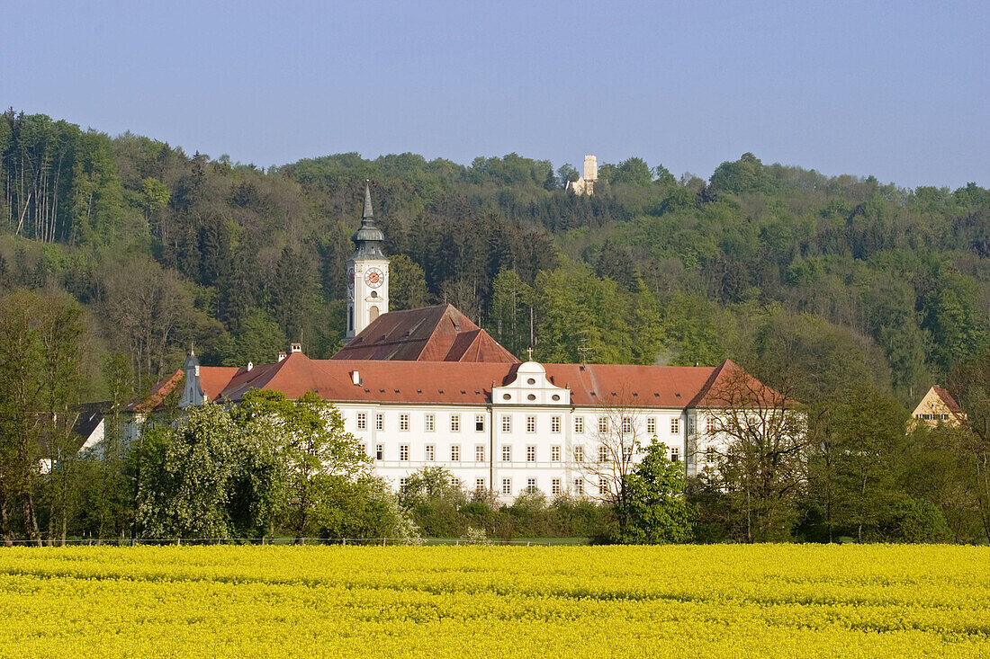 Kloster Schäftlarn (Benedictine abbey) and rape field. Upper Bavaria, Germany