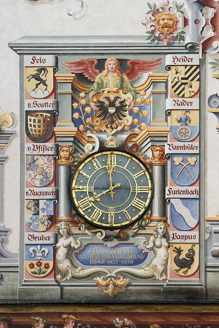 Clock and North facade paintings, old City Hall. Lindau. Bavaria, Germany