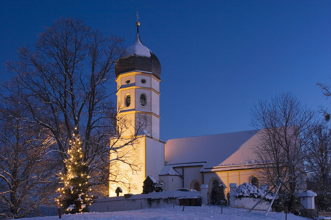 Church St. Michael in Münsing, Holzhausen, with christmas tree. Upper Bavaria, Germany
